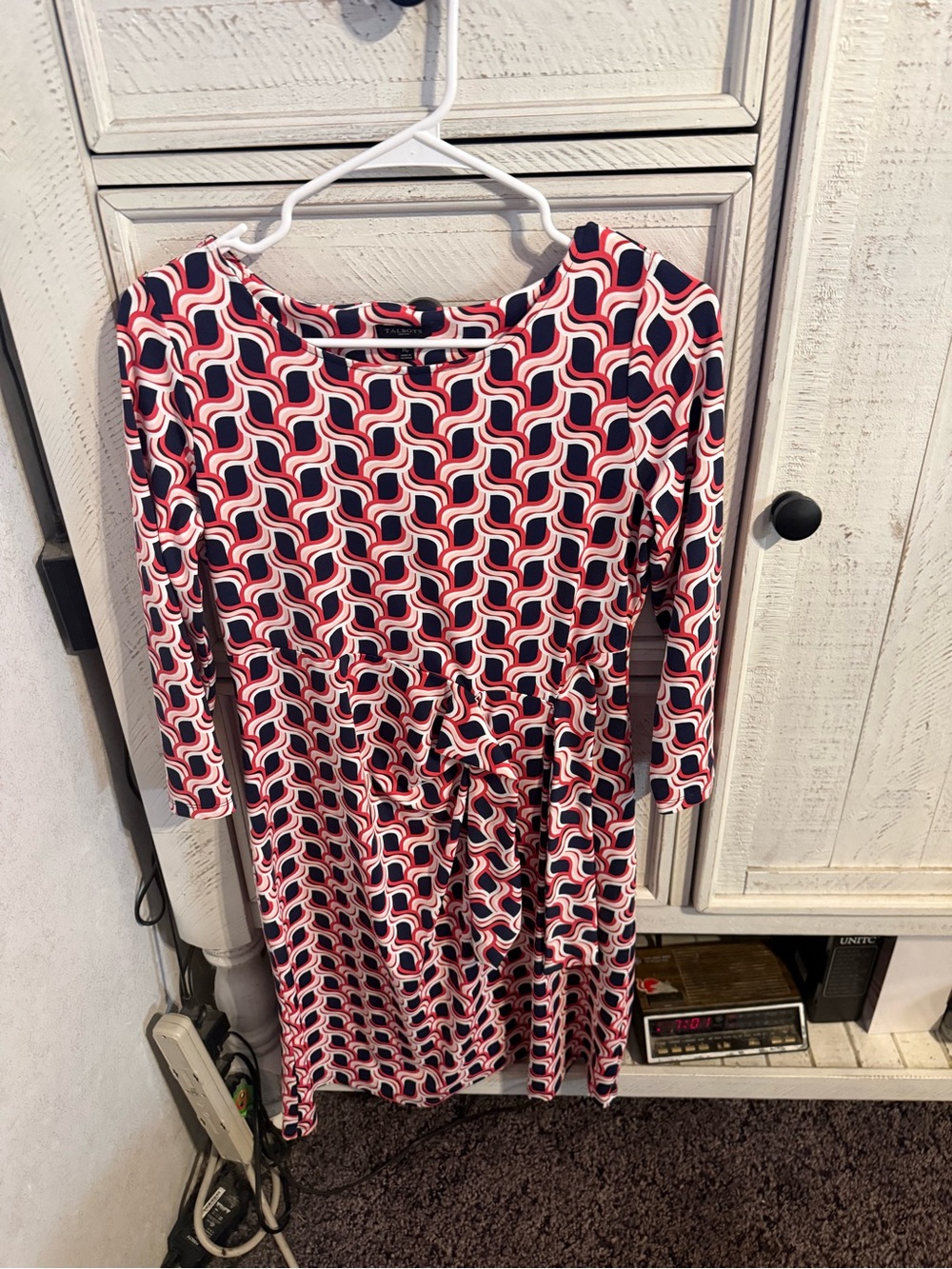 Talbots Red, Navy & White Geometric Tie-Waist Long Sleeve Dress